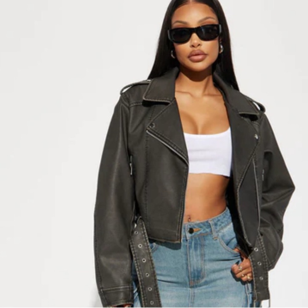 zara Moto Faux Leather jacket brown cropped
